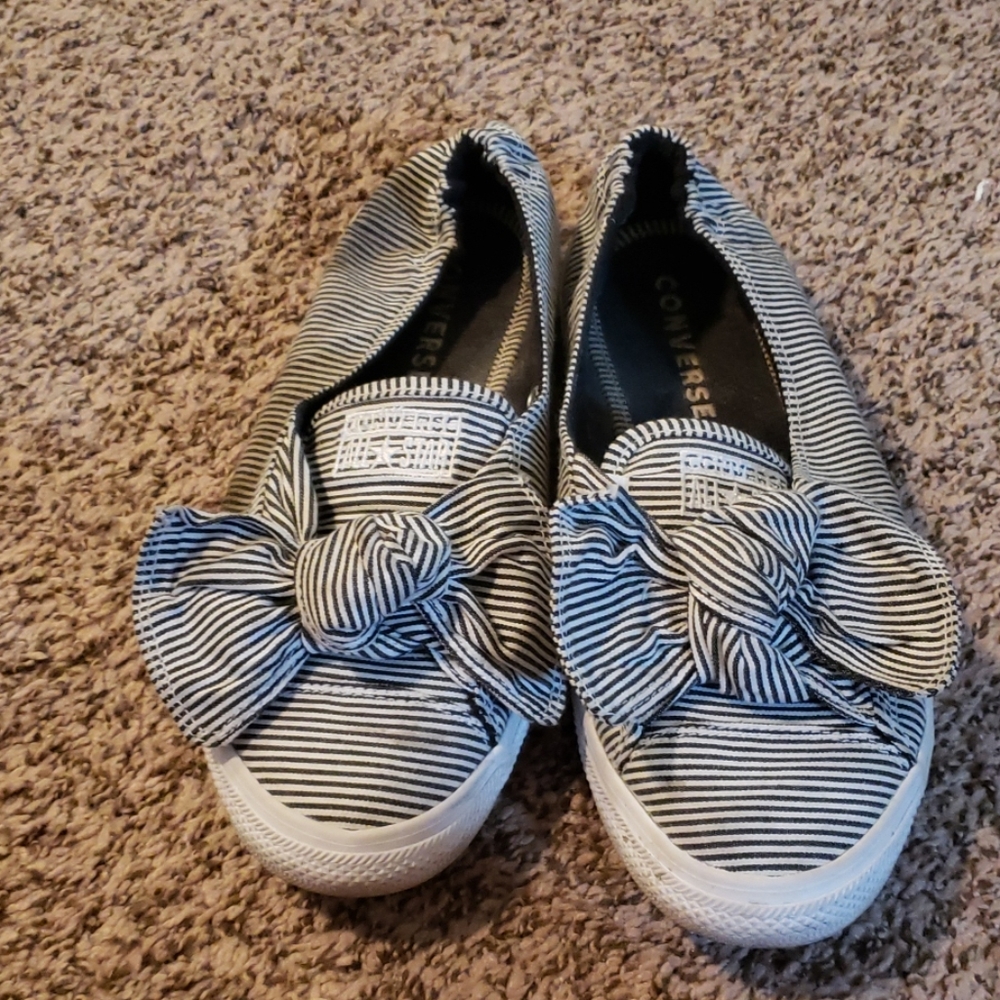 Black and white striped Converse flats with bow